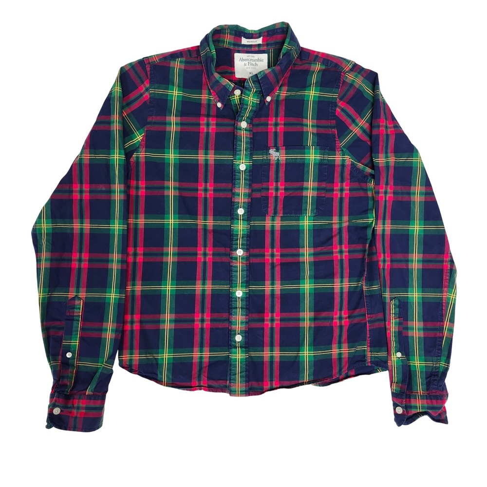 Abercrombie Fitch Tartan Plaid Muscle Shirt Button Down XL Moose Preppy Y2K XL